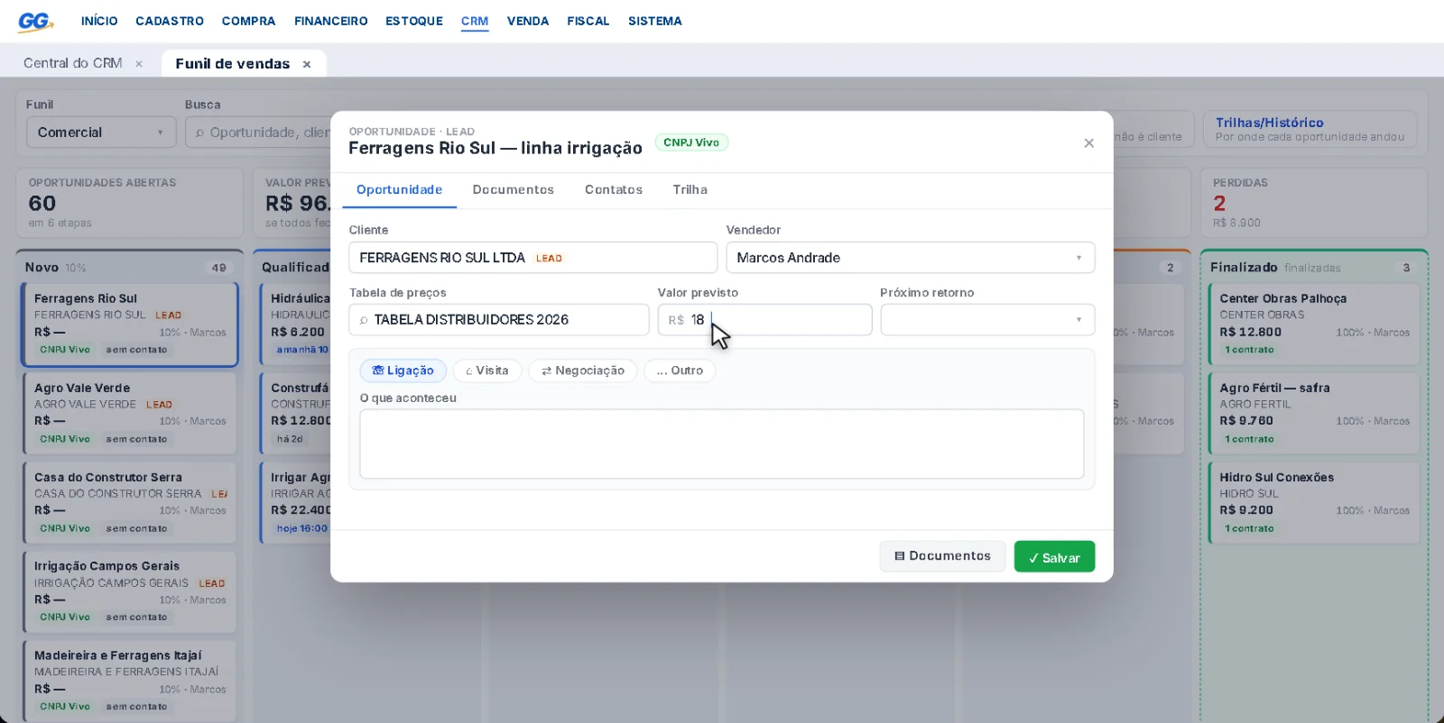 Funil de vendas do CRM do Genial Gestor com uma oportunidade aberta